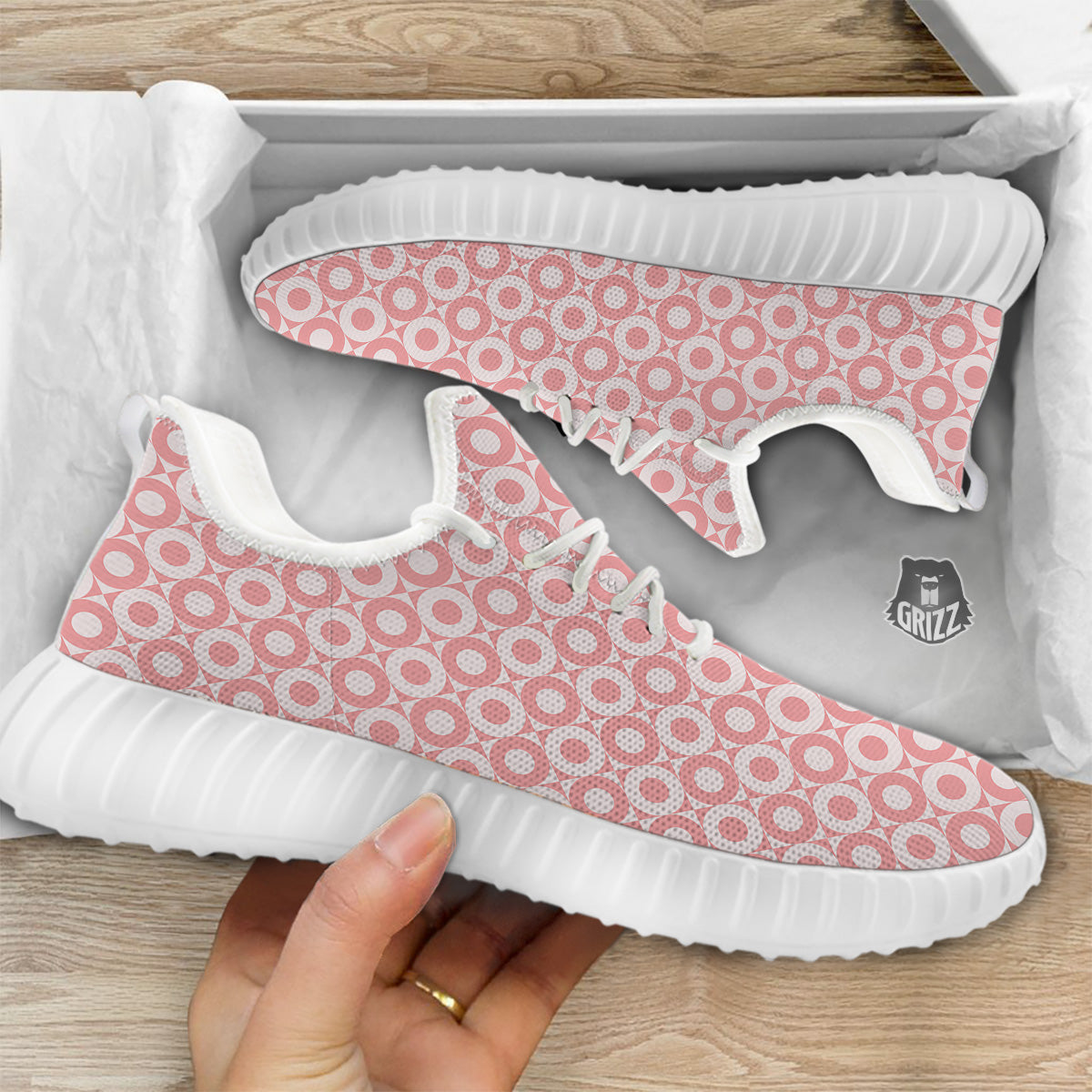 Sweet Pink Round And Square Print Pattern White Walking Shoes-grizzshop