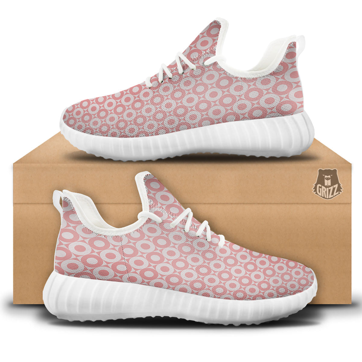Sweet Pink Round And Square Print Pattern White Walking Shoes-grizzshop