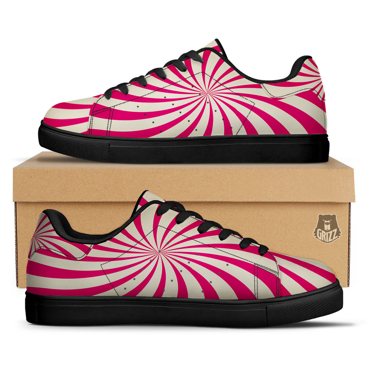 Swirl Candy Pink Print Black Low Top Sneakers-grizzshop