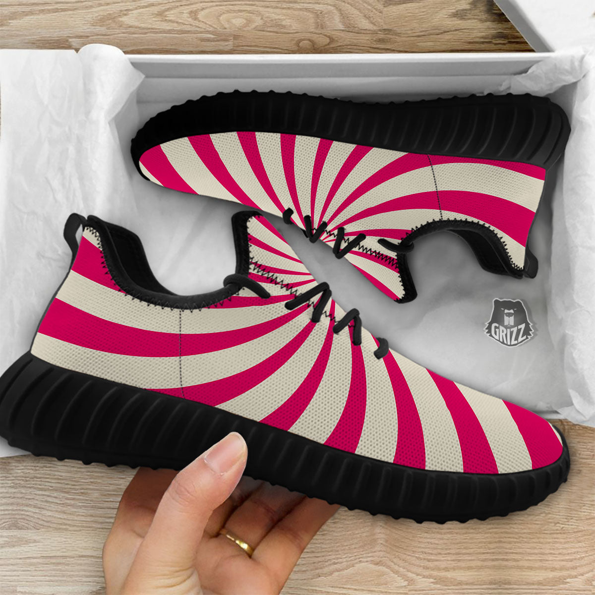 Swirl Candy Pink Print Black Walking Shoes-grizzshop