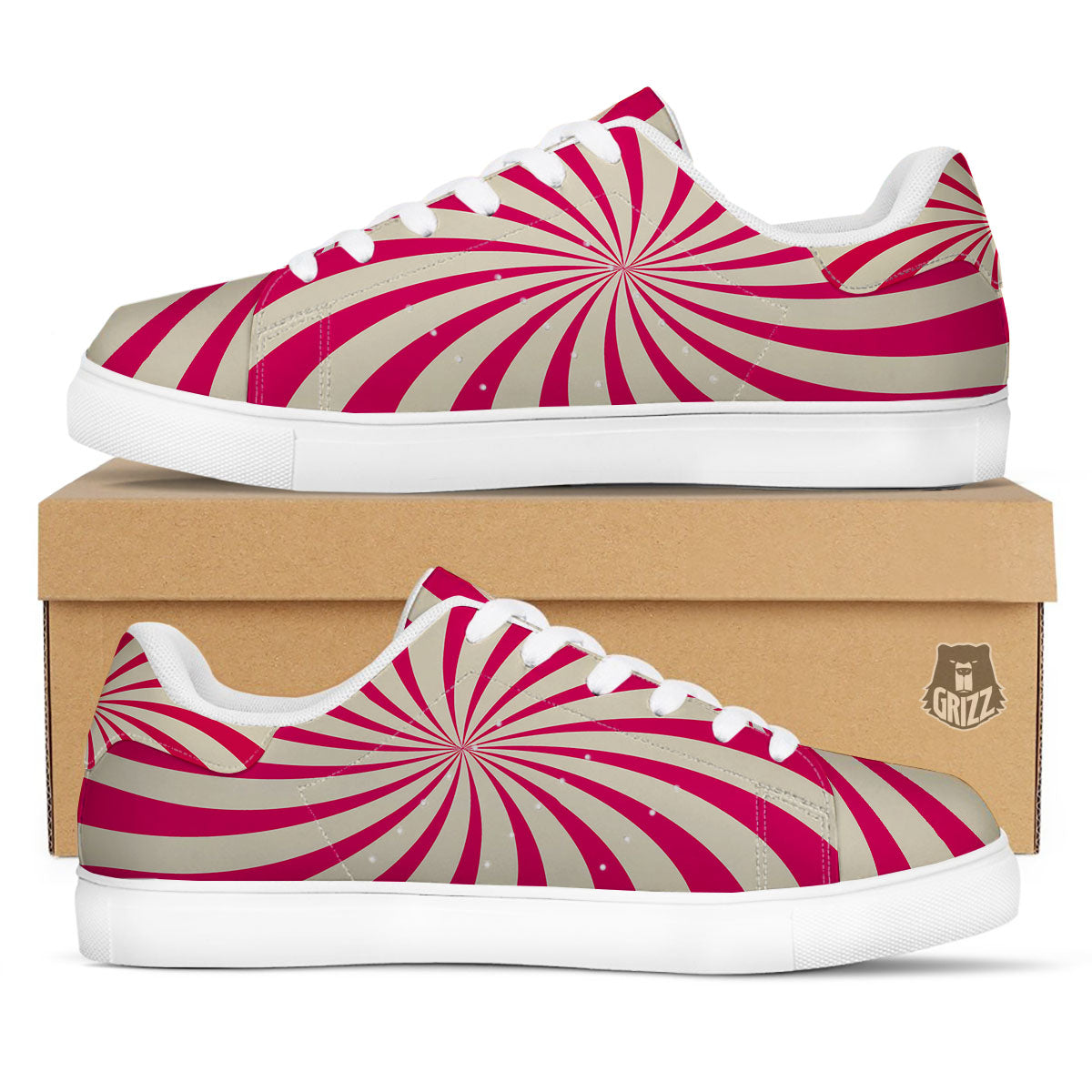 Swirl Candy Pink Print White Low Top Sneakers-grizzshop