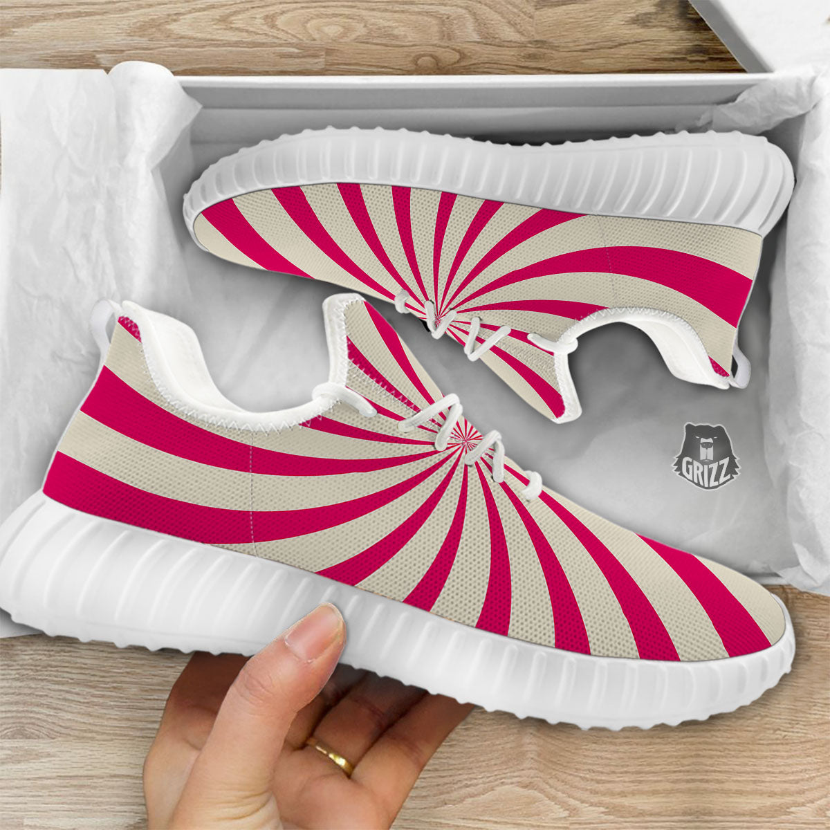 Swirl Candy Pink Print White Walking Shoes-grizzshop