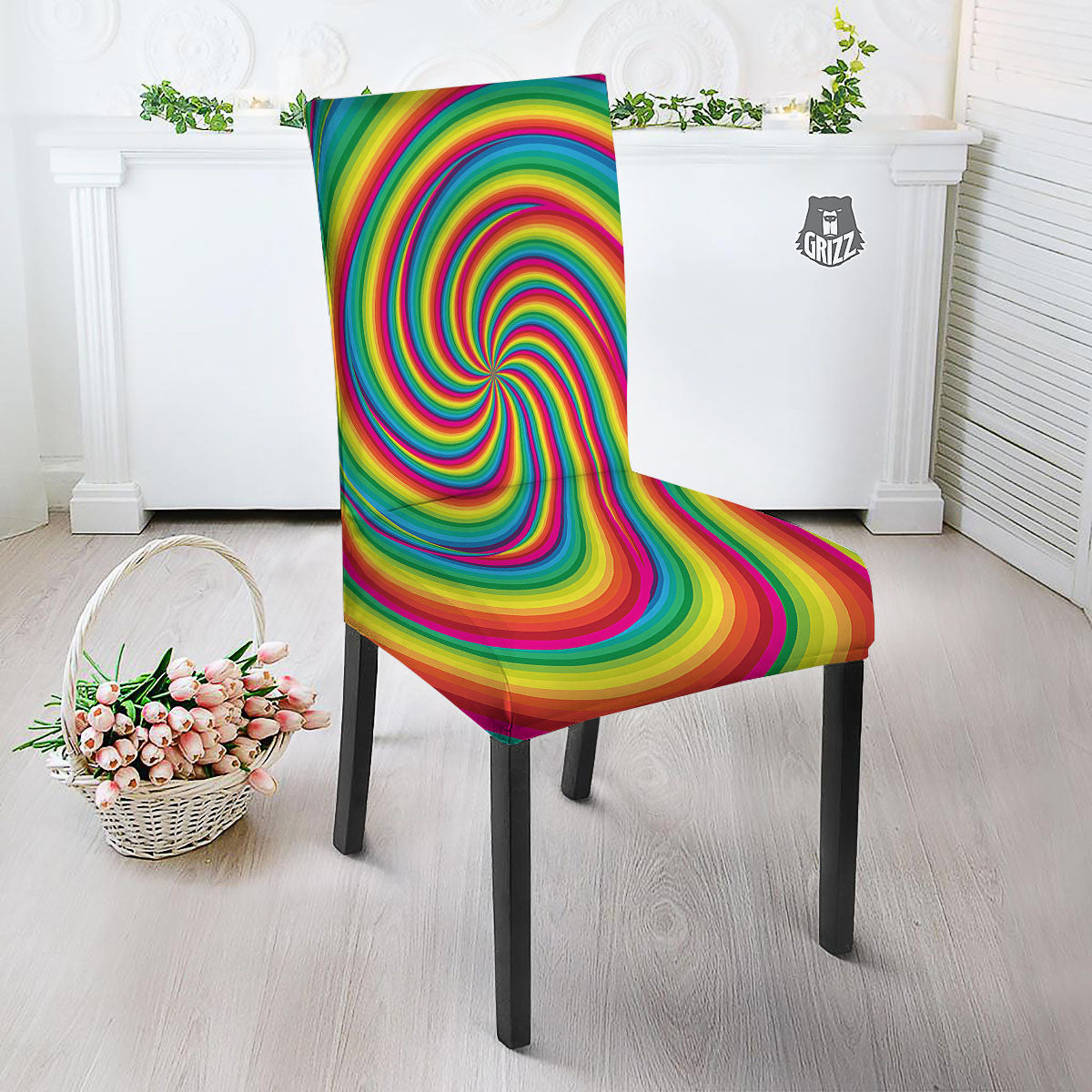 Swirl Candy Rainbow Print Dining Chair Slipcover-grizzshop