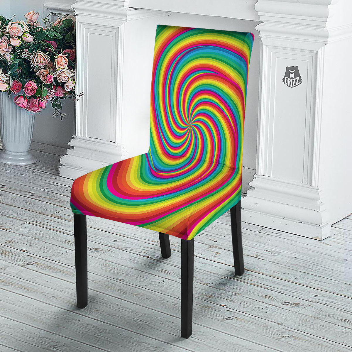 Swirl Candy Rainbow Print Dining Chair Slipcover-grizzshop