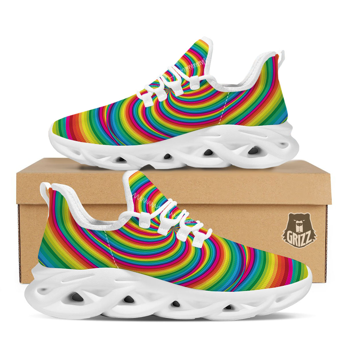Swirl Candy Rainbow Print White Running Shoes-grizzshop