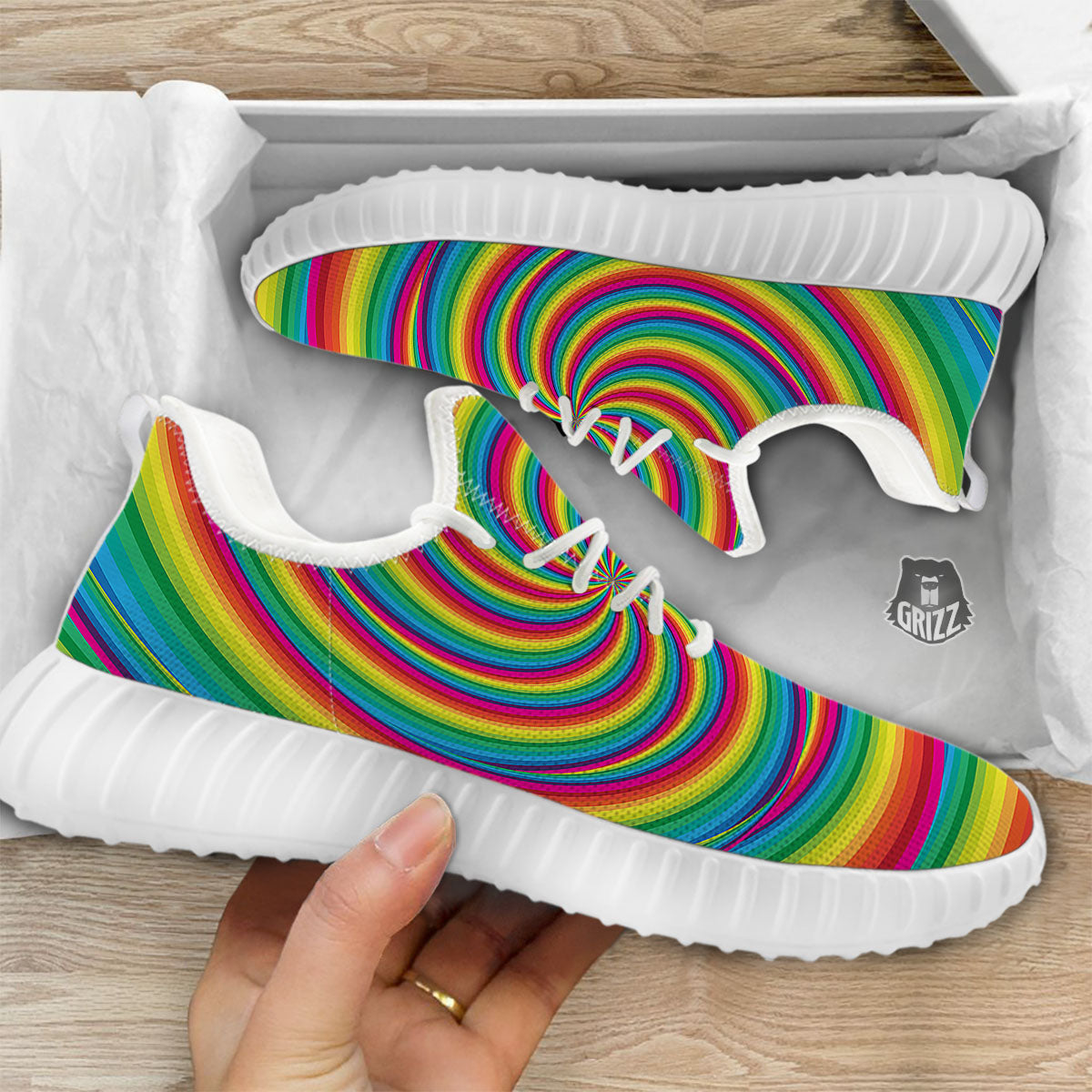 Swirl Candy Rainbow Print White Walking Shoes-grizzshop