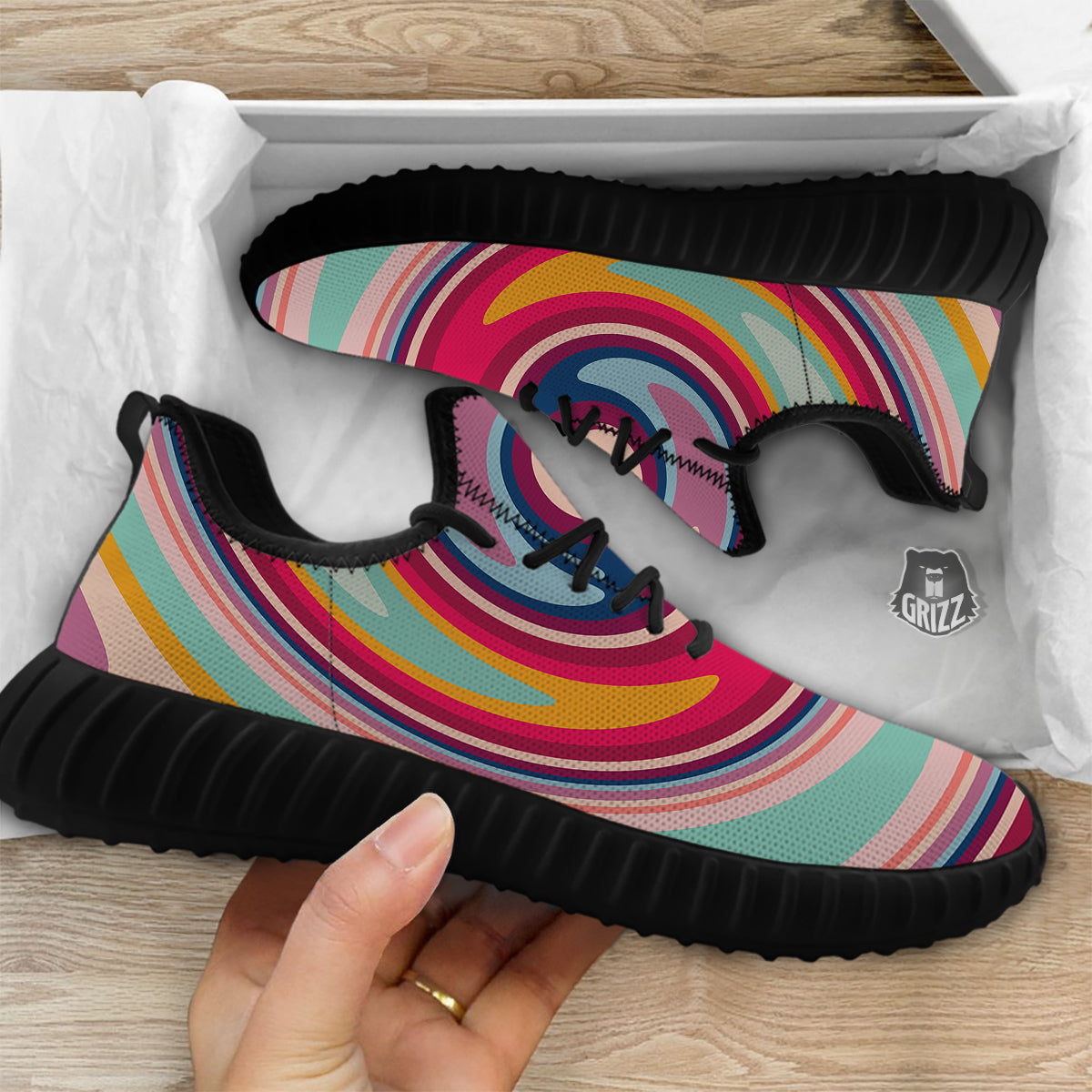 Swirl Colorful Print Black Walking Shoes-grizzshop