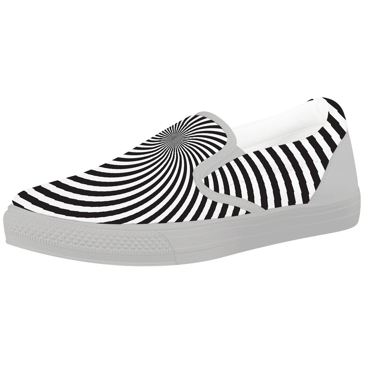 Swirl Illusion White And Black Print White Slip On Shoes-grizzshop