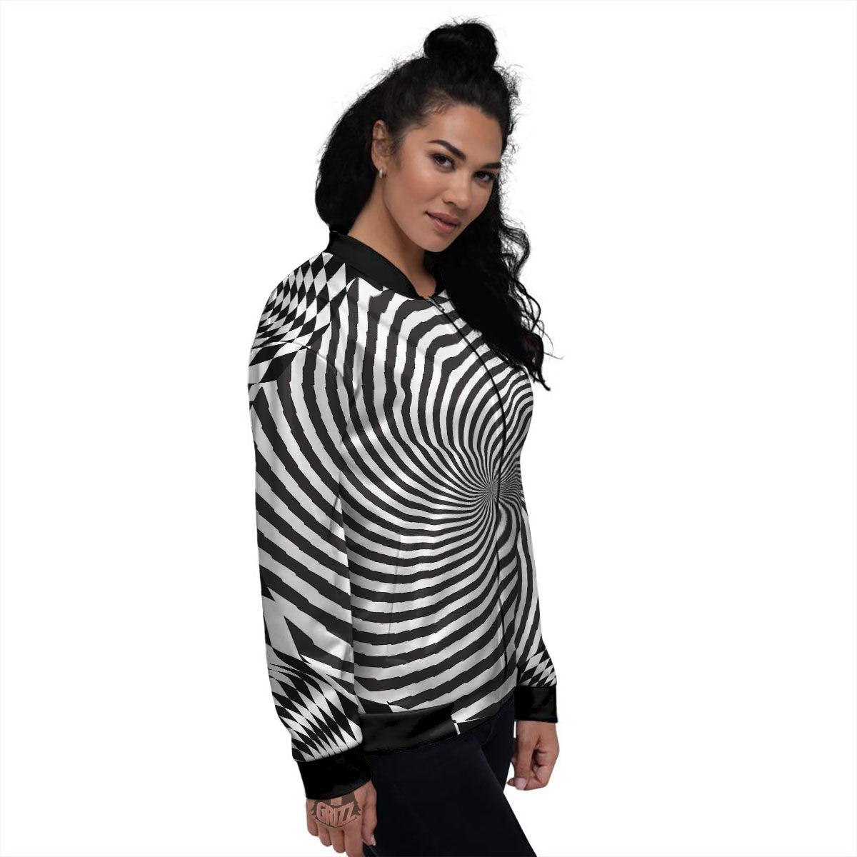 Swirl Illusion White And Black Print Women's Bomber Jacket-grizzshop