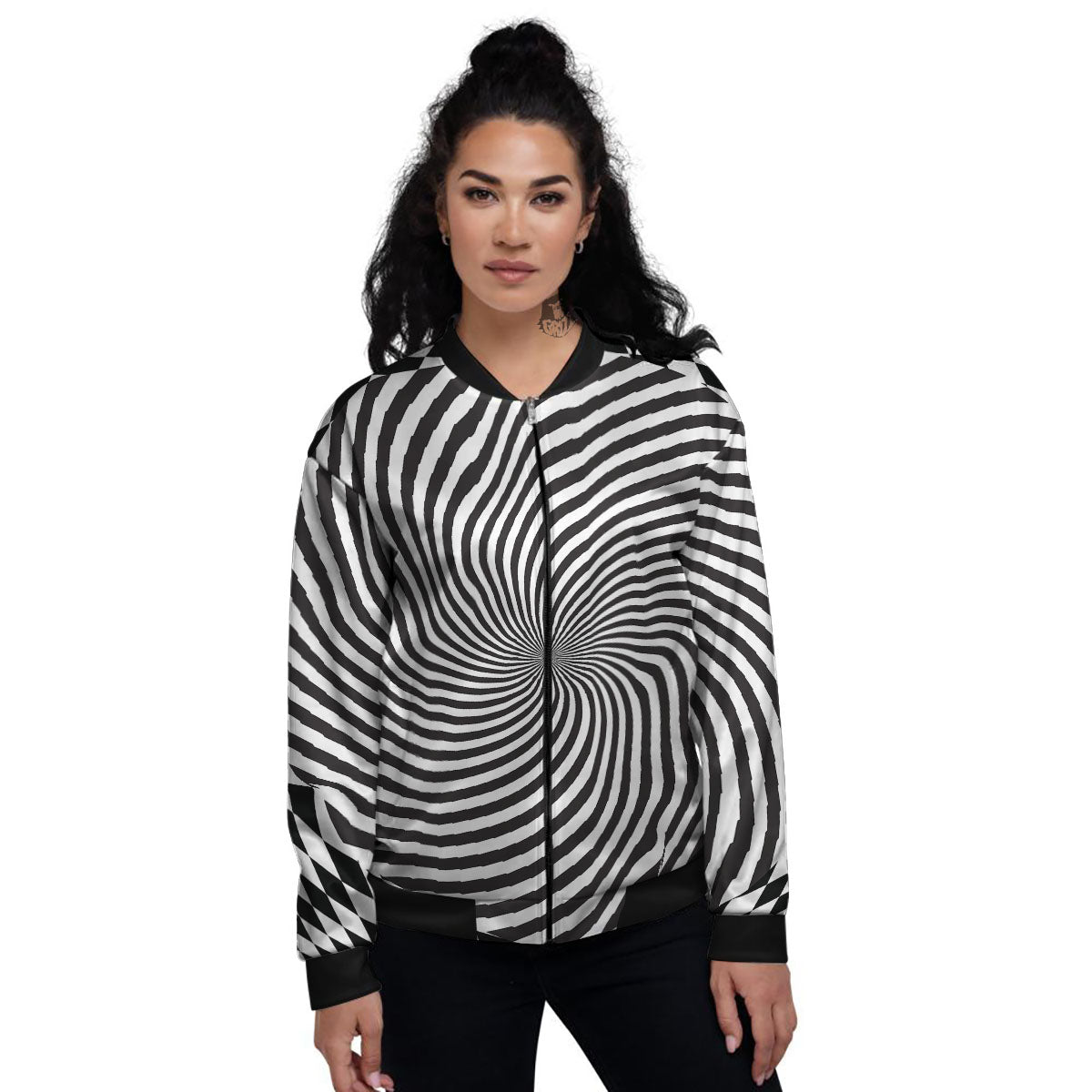 Swirl Illusion White And Black Print Women's Bomber Jacket-grizzshop