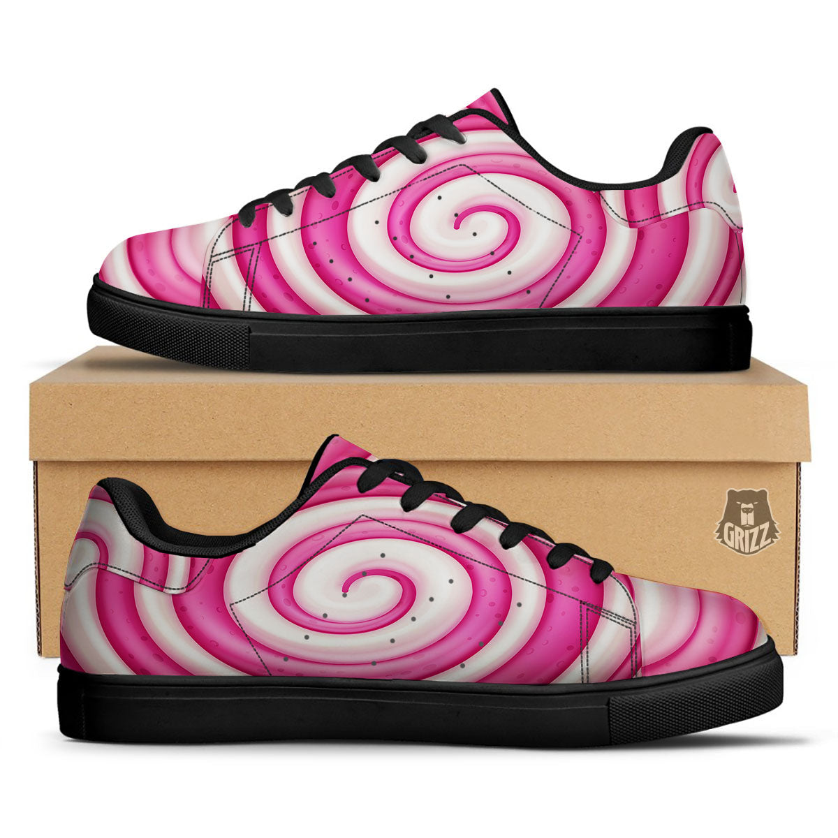 Swirl Pink Lollipop Print Black Low Top Sneakers-grizzshop