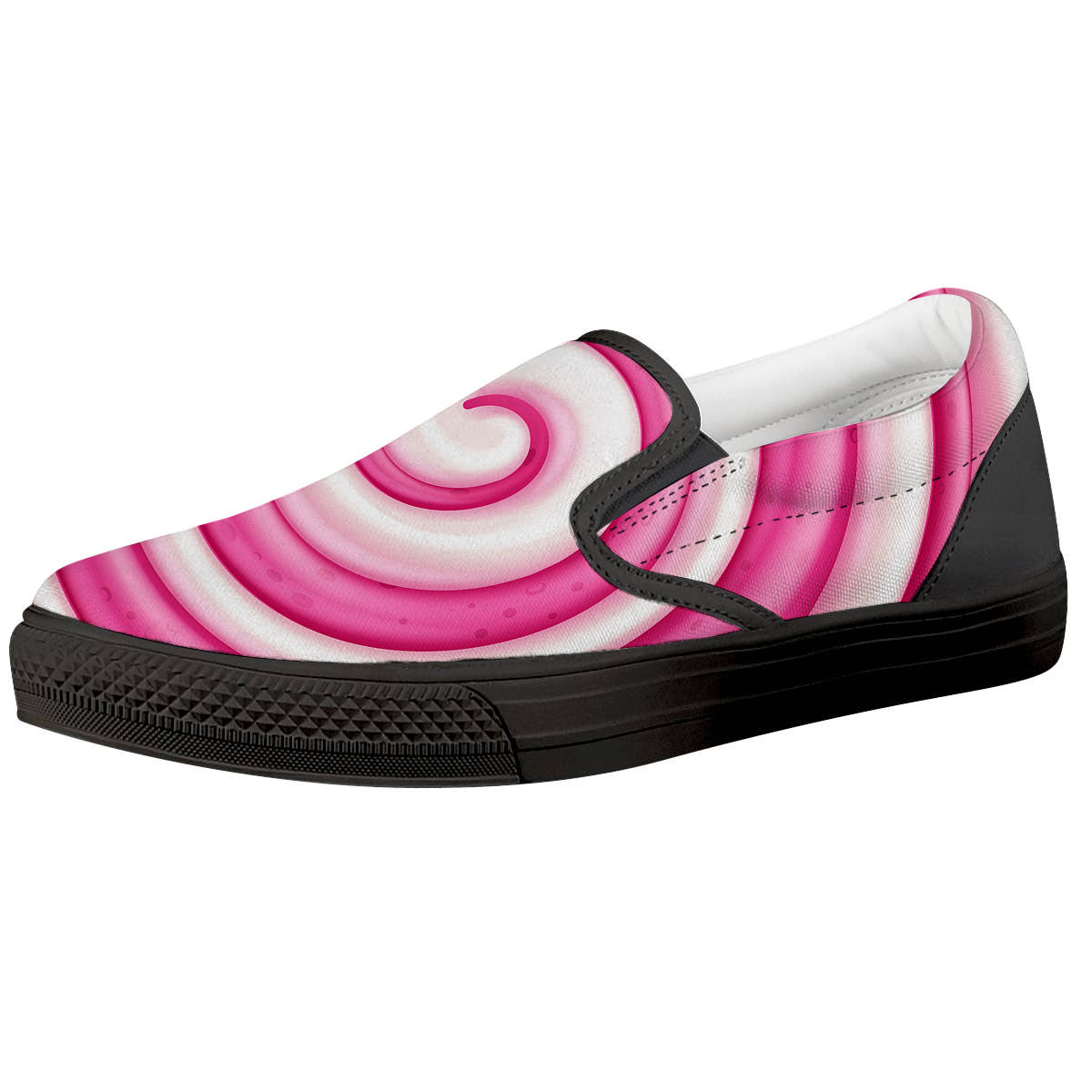 Swirl Pink Lollipop Print Black Slip On Shoes-grizzshop