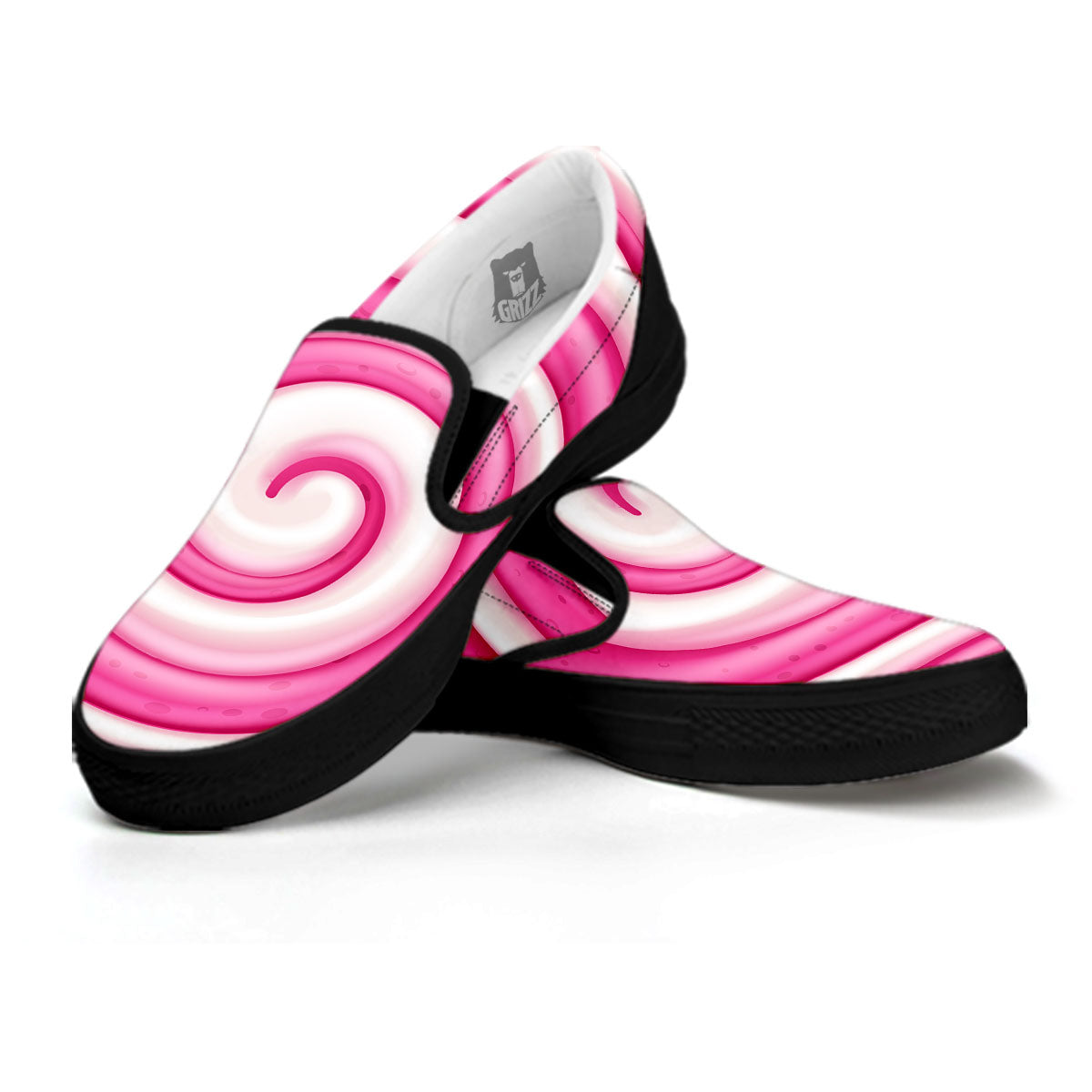 Swirl Pink Lollipop Print Black Slip On Shoes-grizzshop