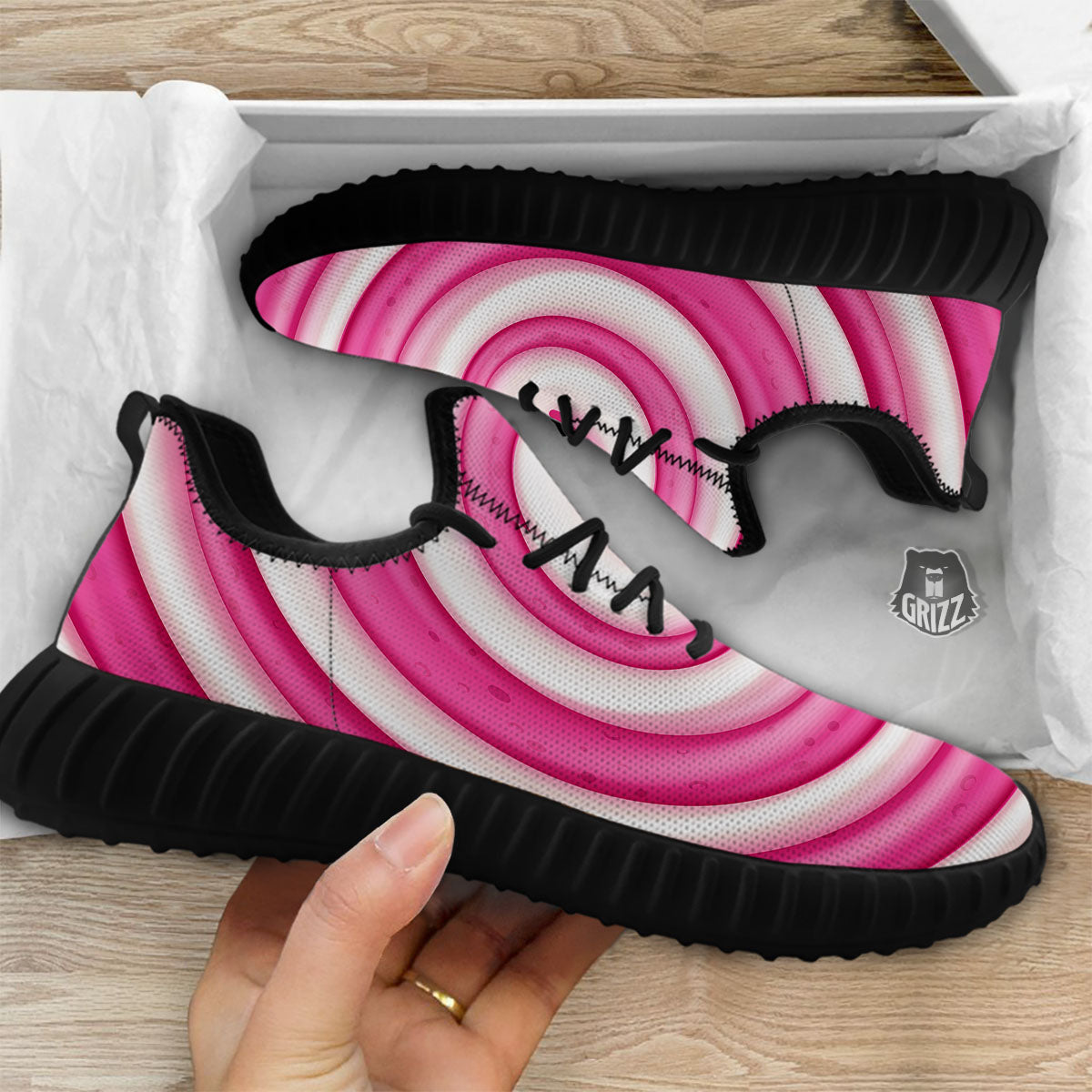 Swirl Pink Lollipop Print Black Walking Shoes-grizzshop