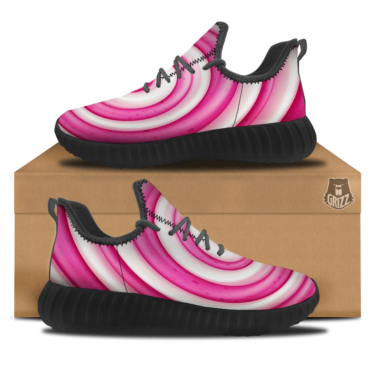 Swirl Pink Lollipop Print Black Walking Shoes-grizzshop