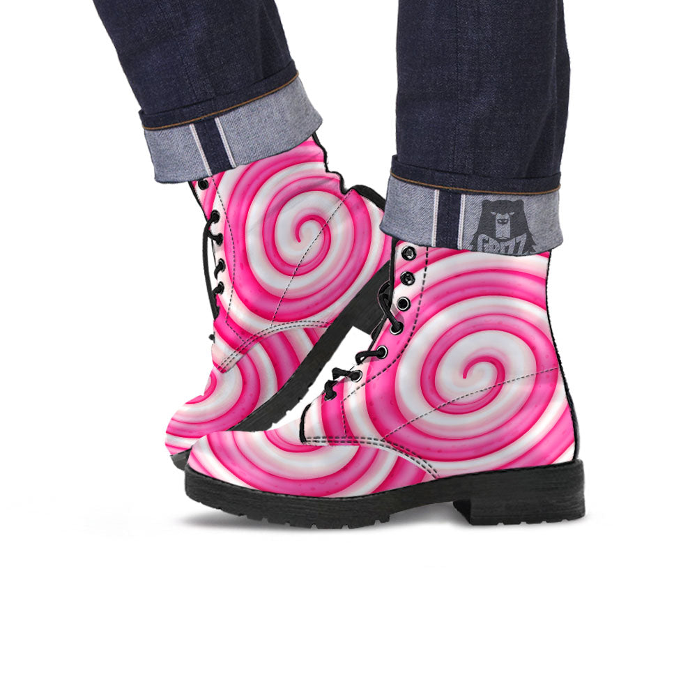 Swirl Pink Lollipop Print Leather Boots-grizzshop