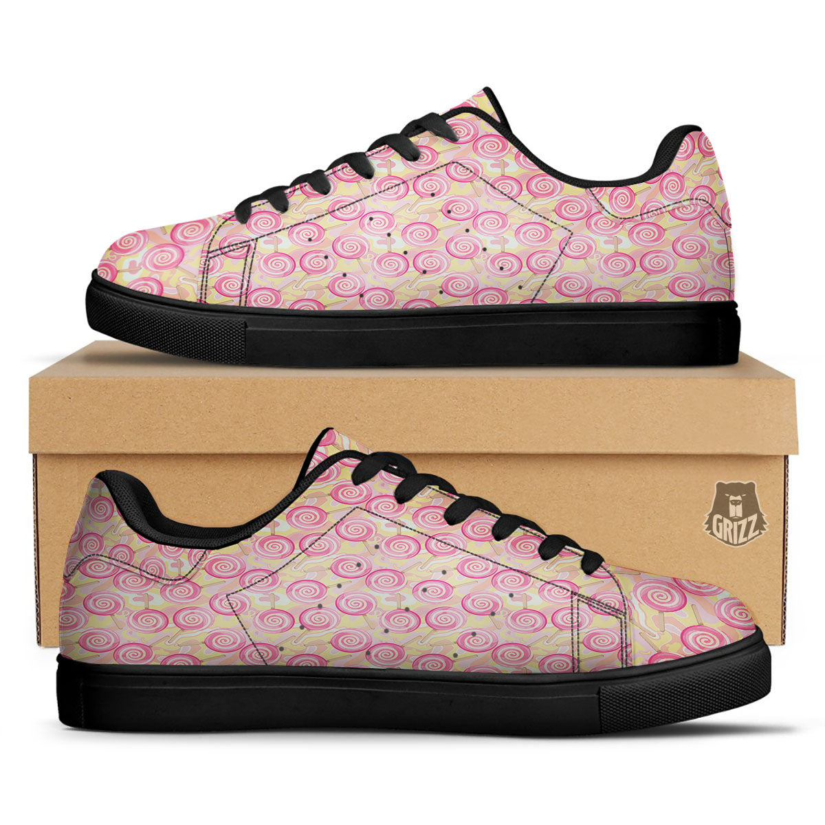 Swirl Pink Lollipop Print Pattern Black Low Top Sneakers-grizzshop