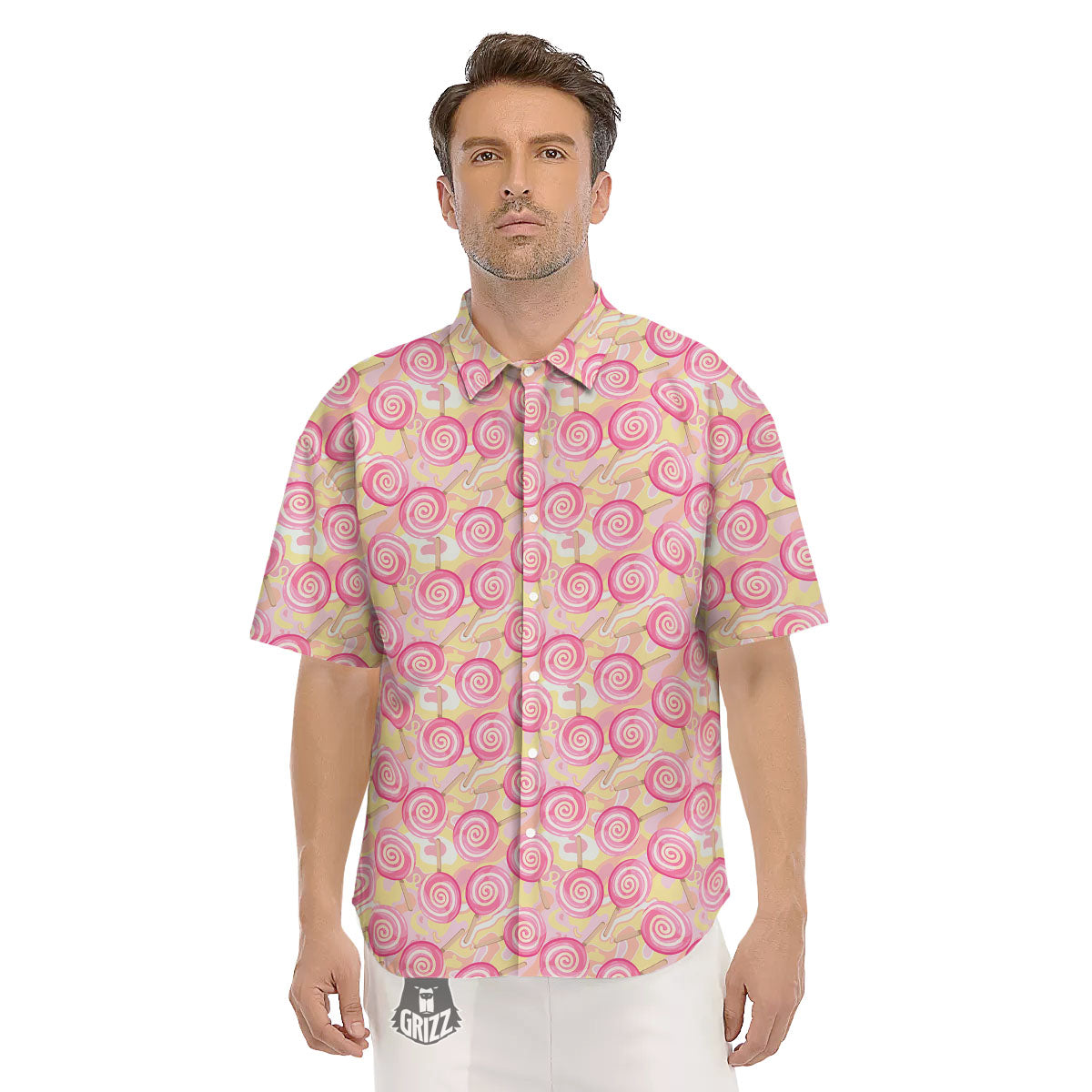 Swirl Pink Lollipop Print Pattern Men's Short Sleeve Shirts-grizzshop