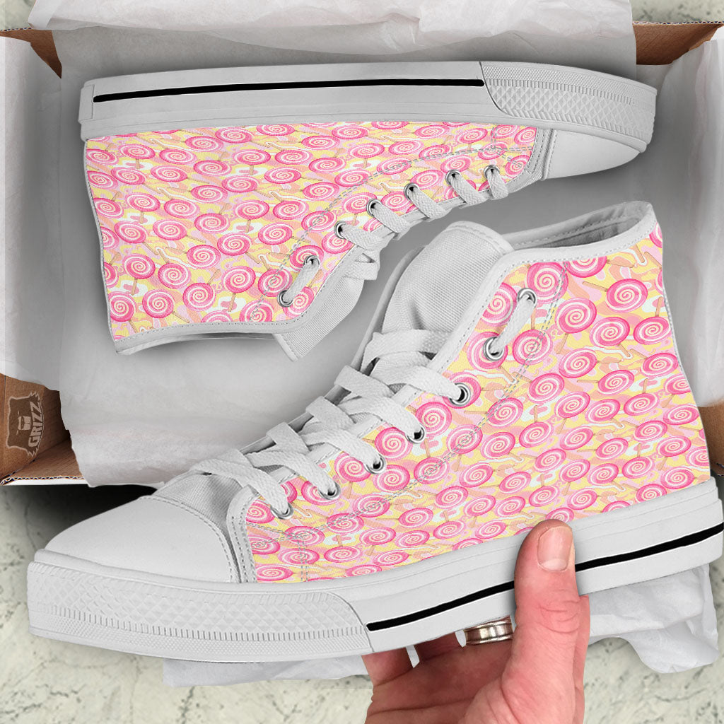 Swirl Pink Lollipop Print Pattern White High Top Shoes-grizzshop