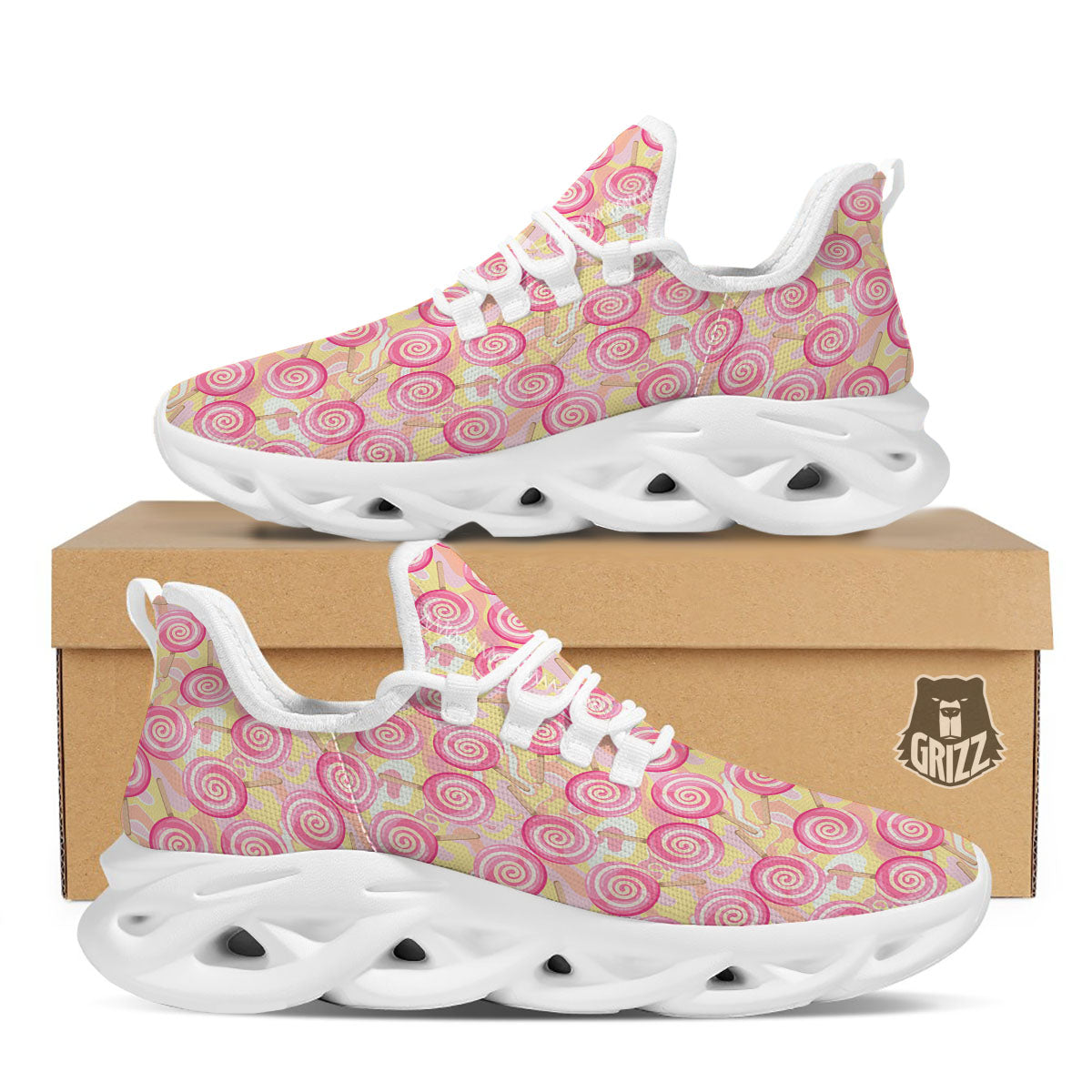 Swirl Pink Lollipop Print Pattern White Running Shoes-grizzshop