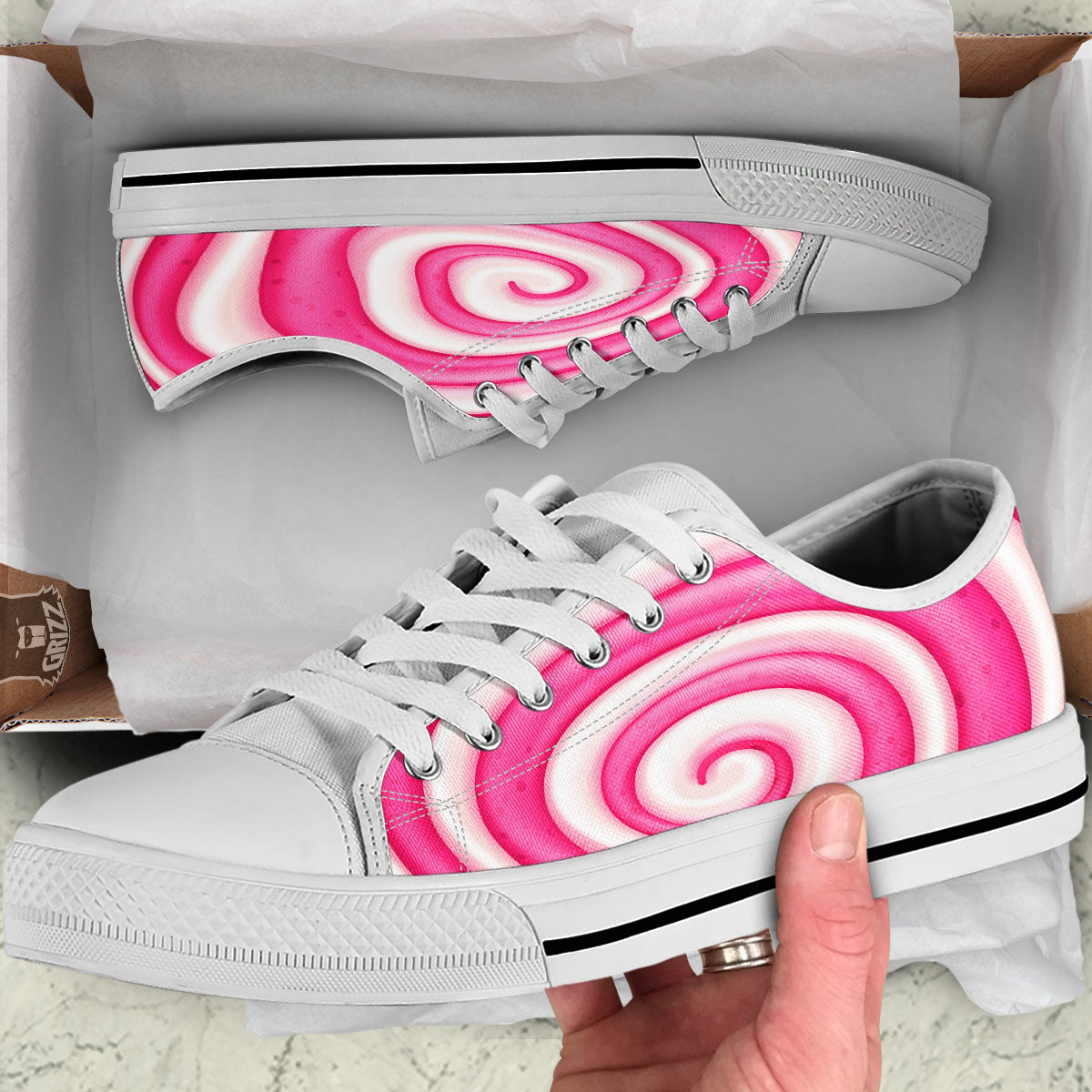 Swirl Pink Lollipop Print White Low Top Shoes-grizzshop