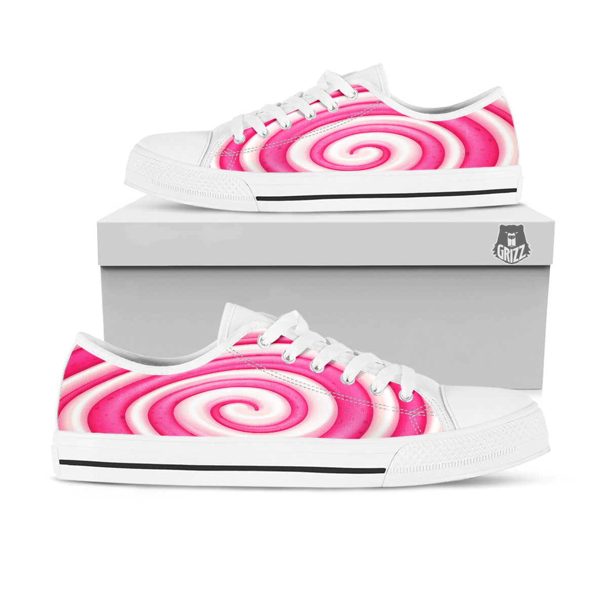 Swirl Pink Lollipop Print White Low Top Shoes-grizzshop