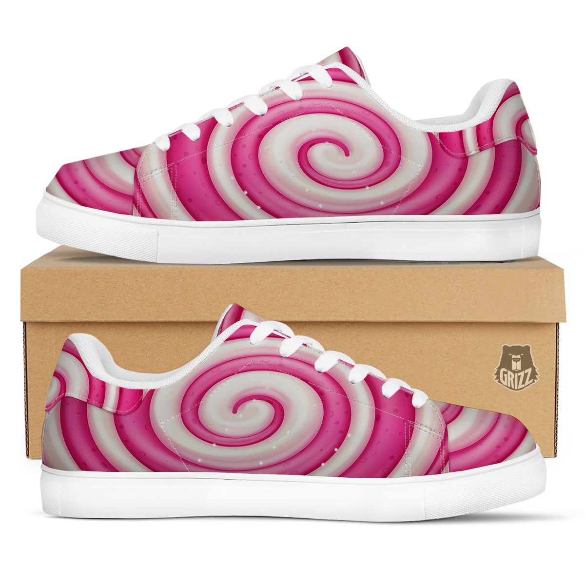Swirl Pink Lollipop Print White Low Top Sneakers-grizzshop