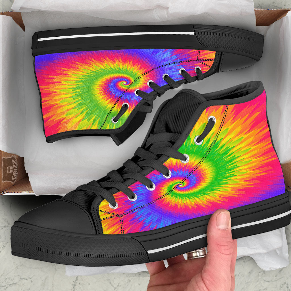 Swirl Rainbow Psychedelic Print Black High Top Shoes-grizzshop