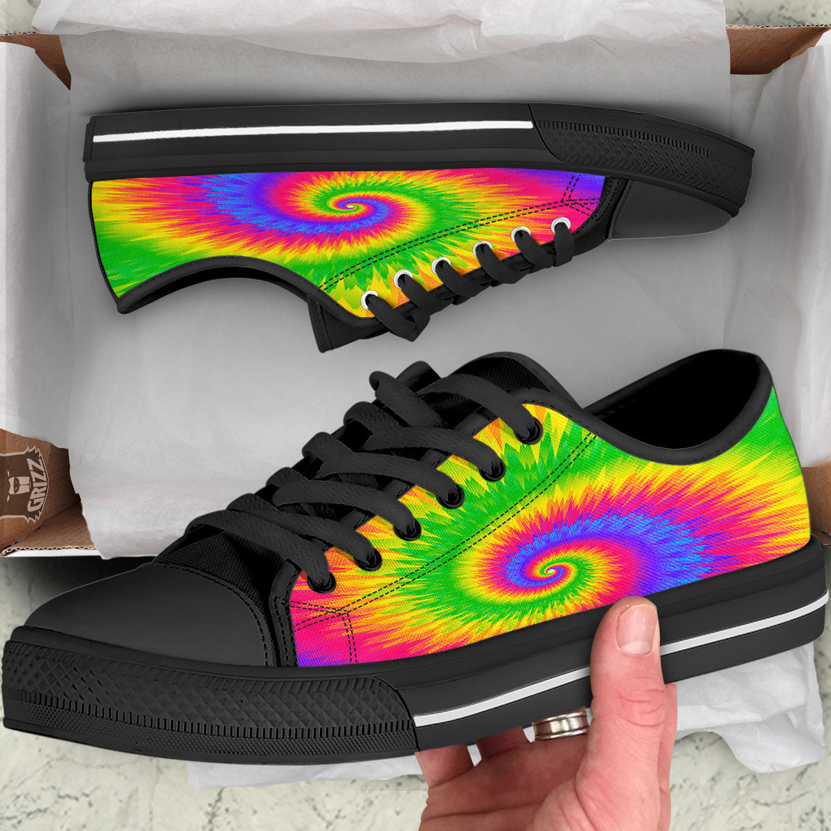 Swirl Rainbow Psychedelic Print Black Low Top Shoes-grizzshop