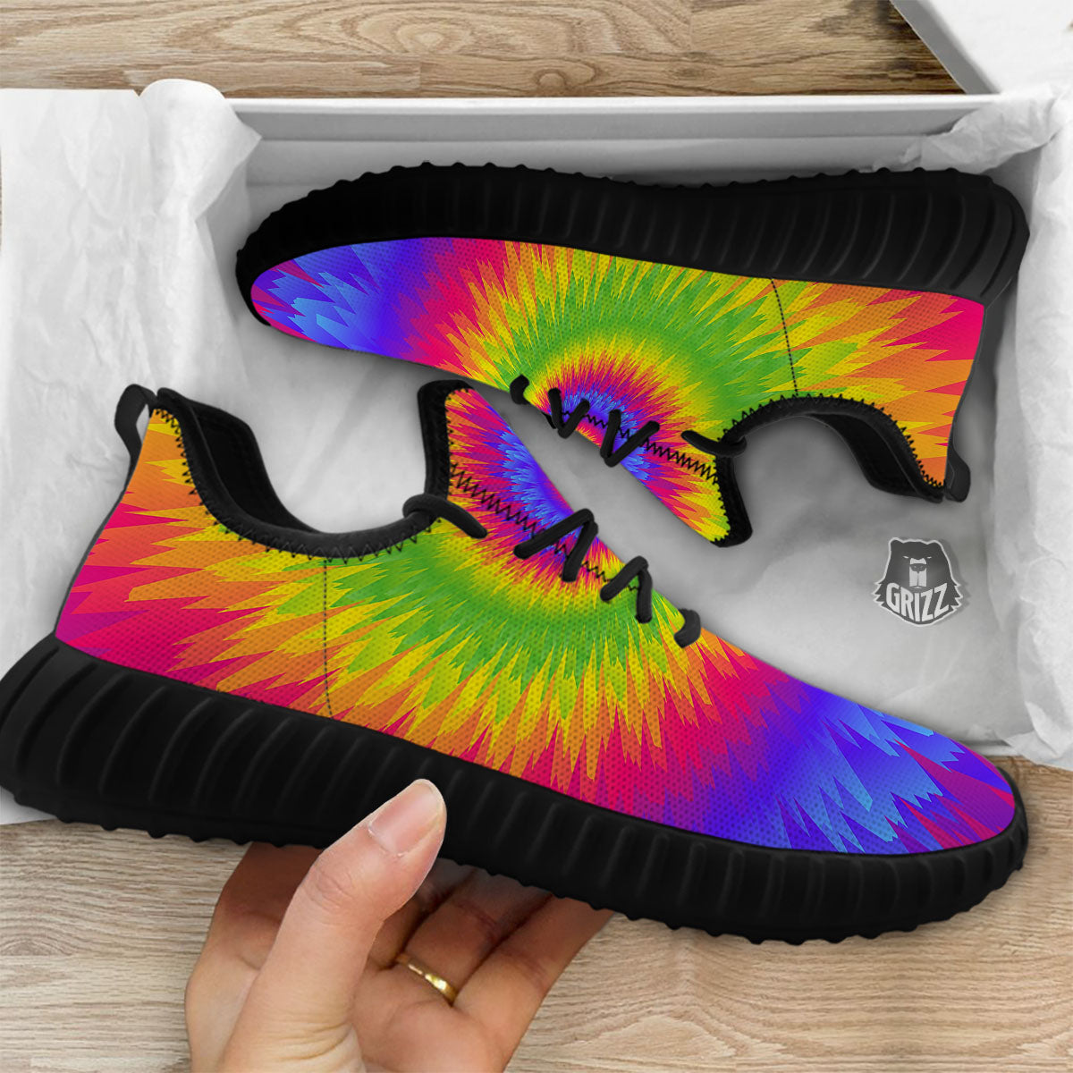 Swirl Rainbow Psychedelic Print Black Walking Shoes-grizzshop