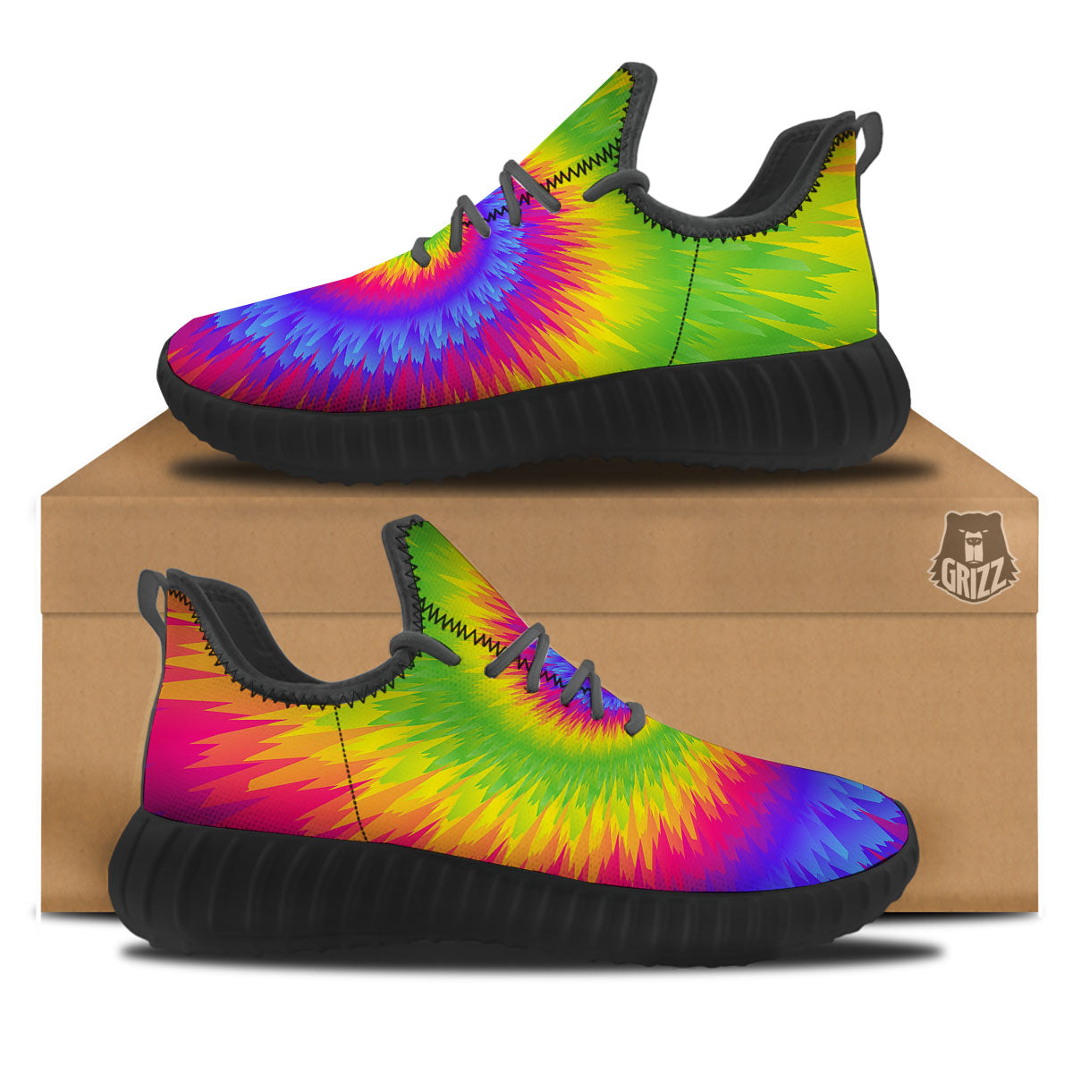 Swirl Rainbow Psychedelic Print Black Walking Shoes-grizzshop