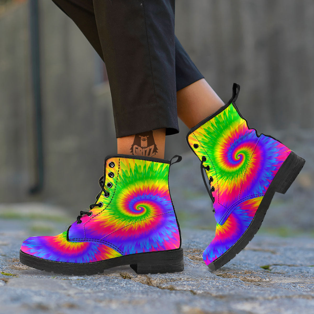 Swirl Rainbow Psychedelic Print Leather Boots-grizzshop