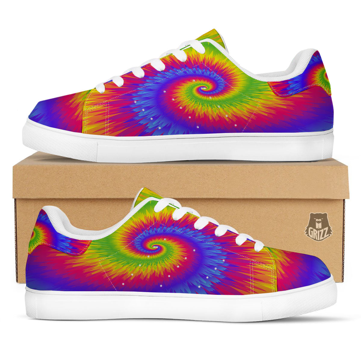 Swirl Rainbow Psychedelic Print White Low Top Sneakers-grizzshop