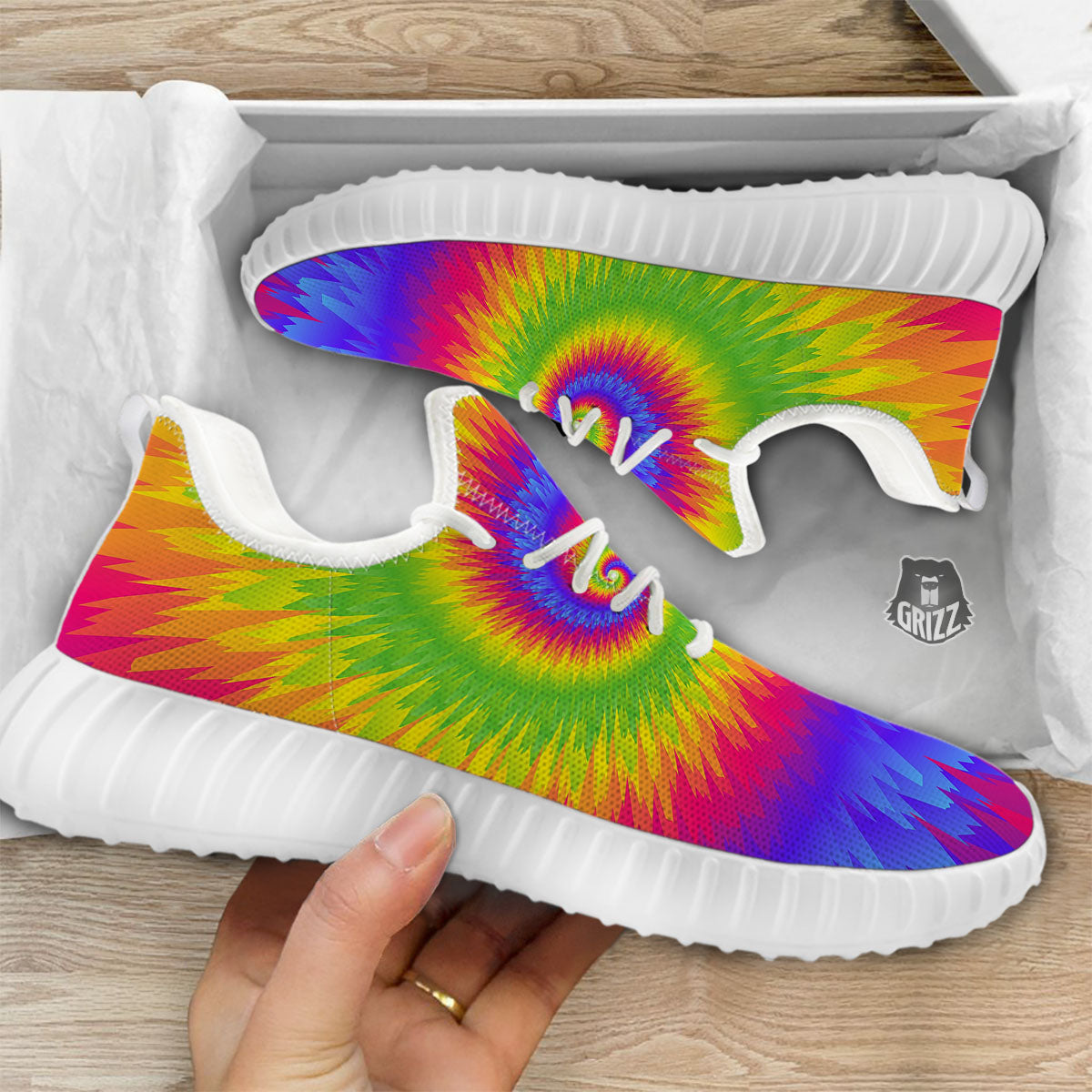 Swirl Rainbow Psychedelic Print White Walking Shoes-grizzshop