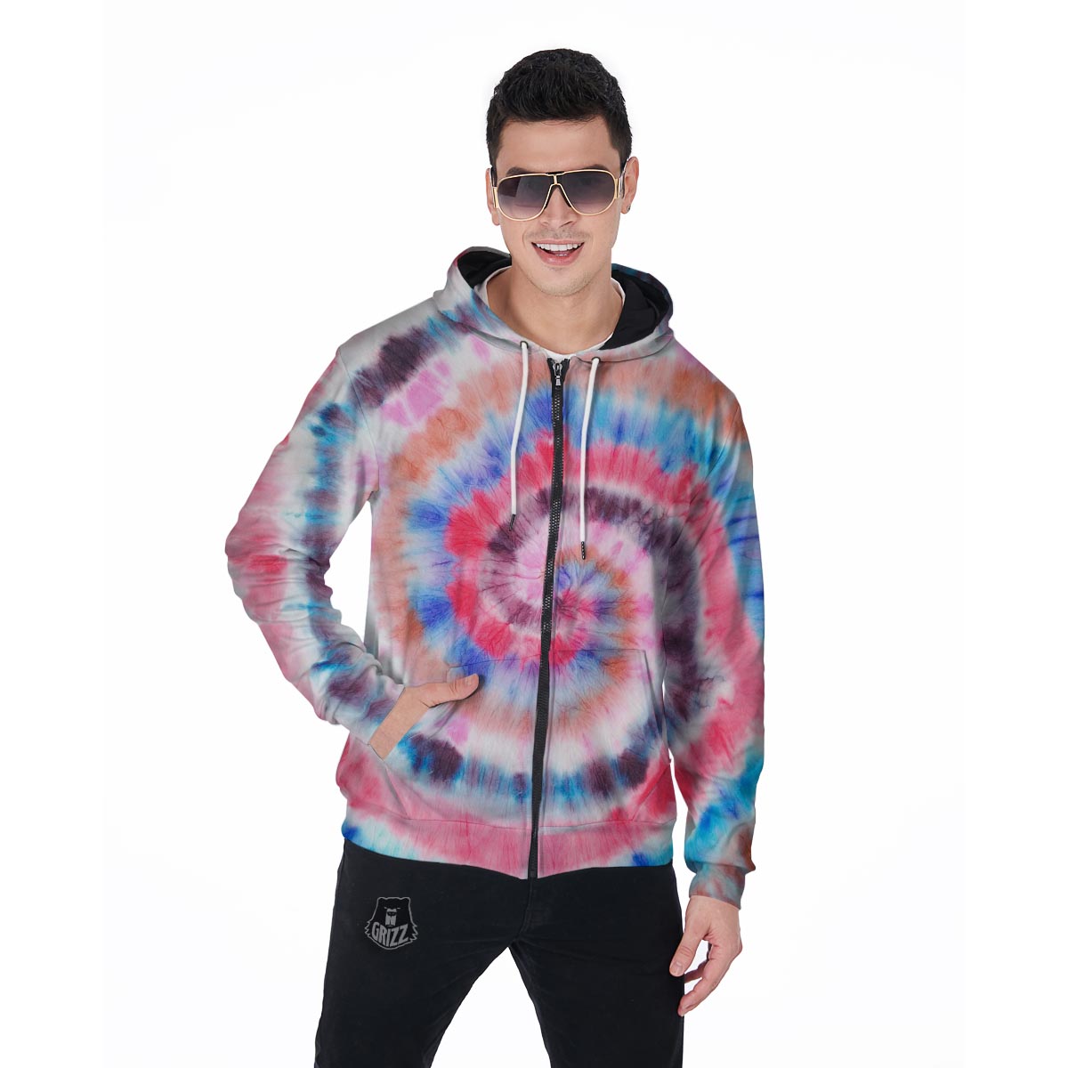 Swirl Rainbow Tie Dye Men's Zip Up Hoodie-grizzshop