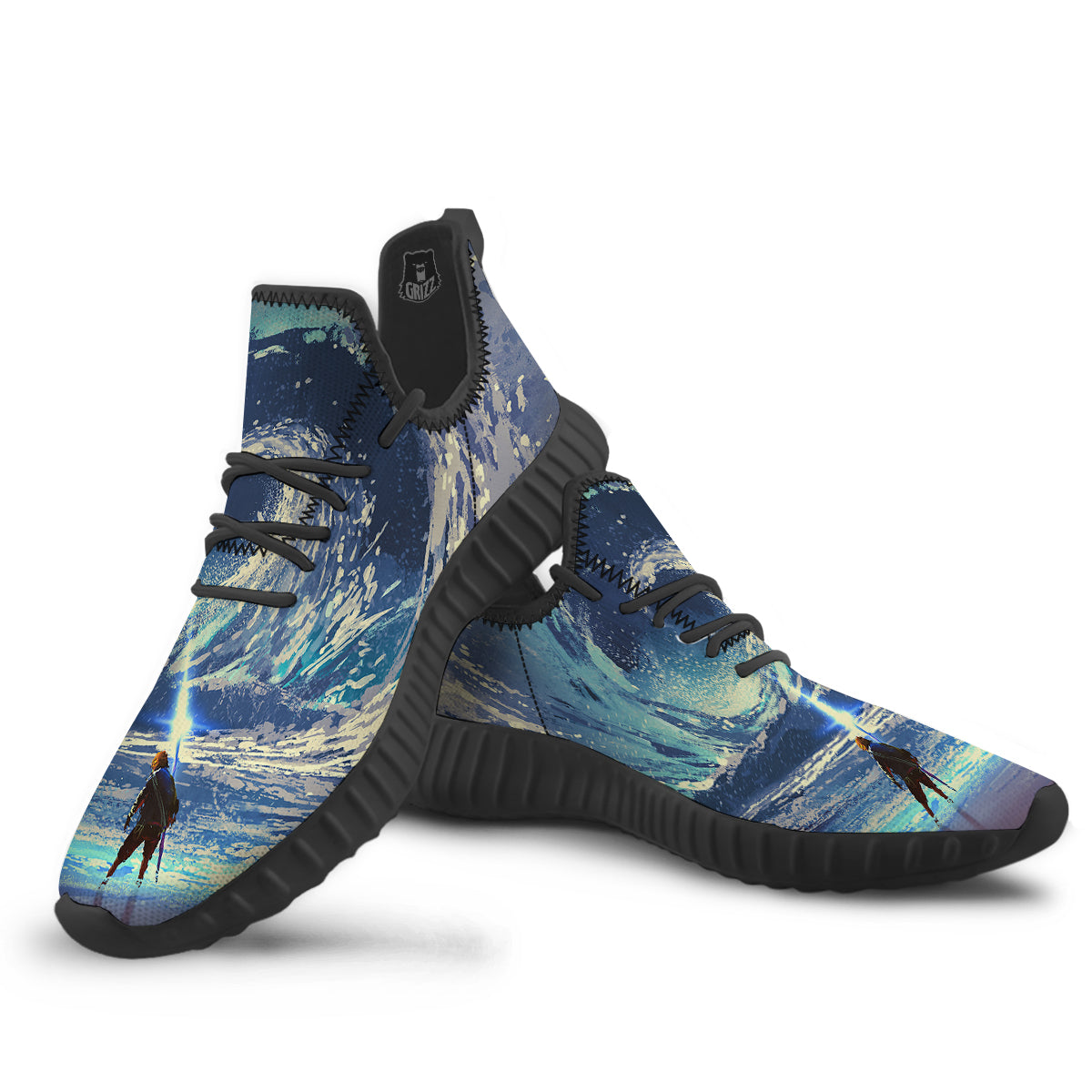 Swirling Sea Watercolor Print Black Walking Shoes-grizzshop