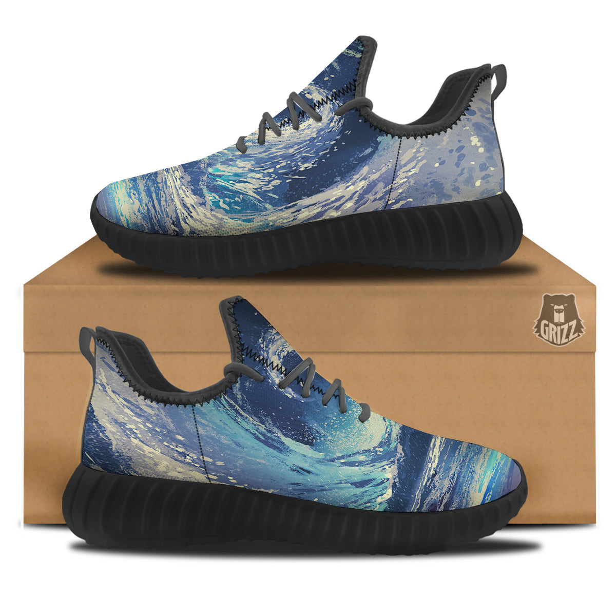 Swirling Sea Watercolor Print Black Walking Shoes-grizzshop