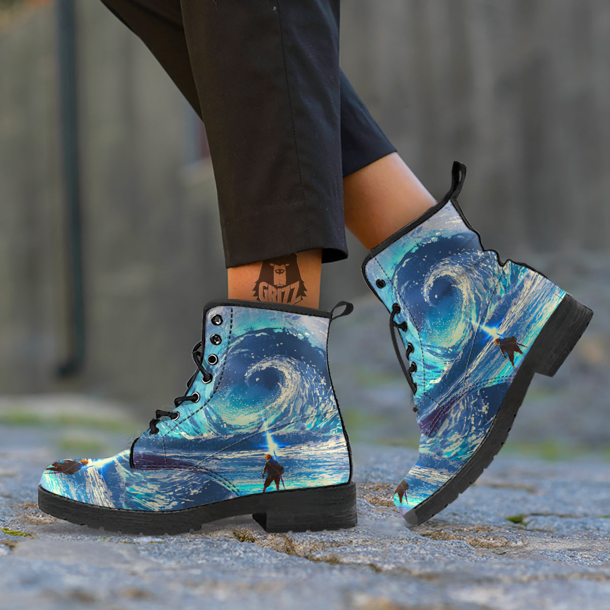 Swirling Sea Watercolor Print Leather Boots-grizzshop