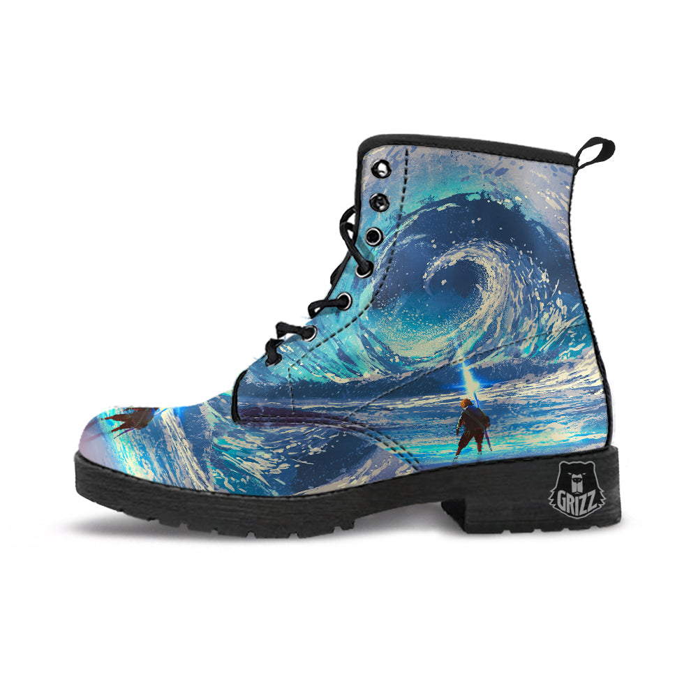 Swirling Sea Watercolor Print Leather Boots-grizzshop