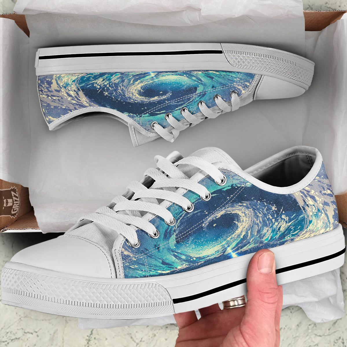 Swirling Sea Watercolor Print White Low Top Shoes-grizzshop