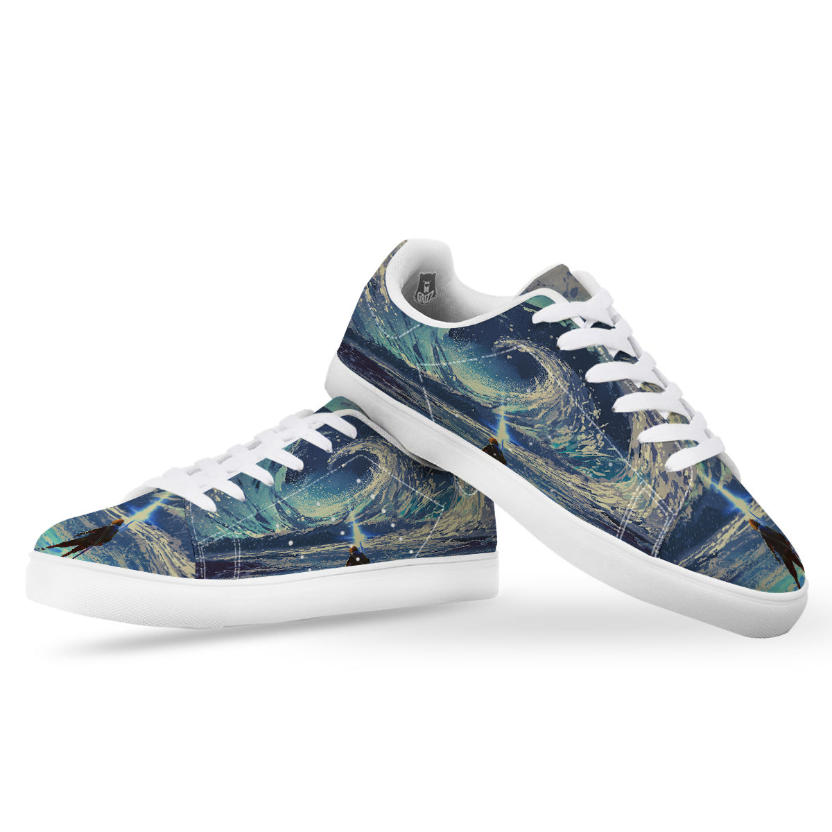 Swirling Sea Watercolor Print White Low Top Sneakers-grizzshop