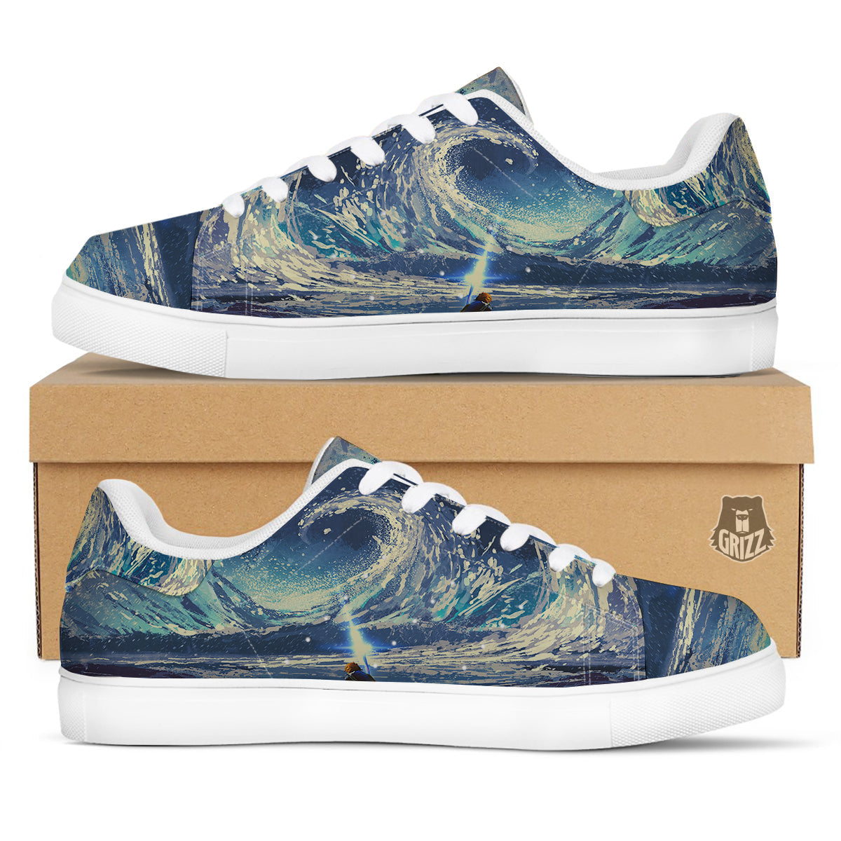 Swirling Sea Watercolor Print White Low Top Sneakers-grizzshop