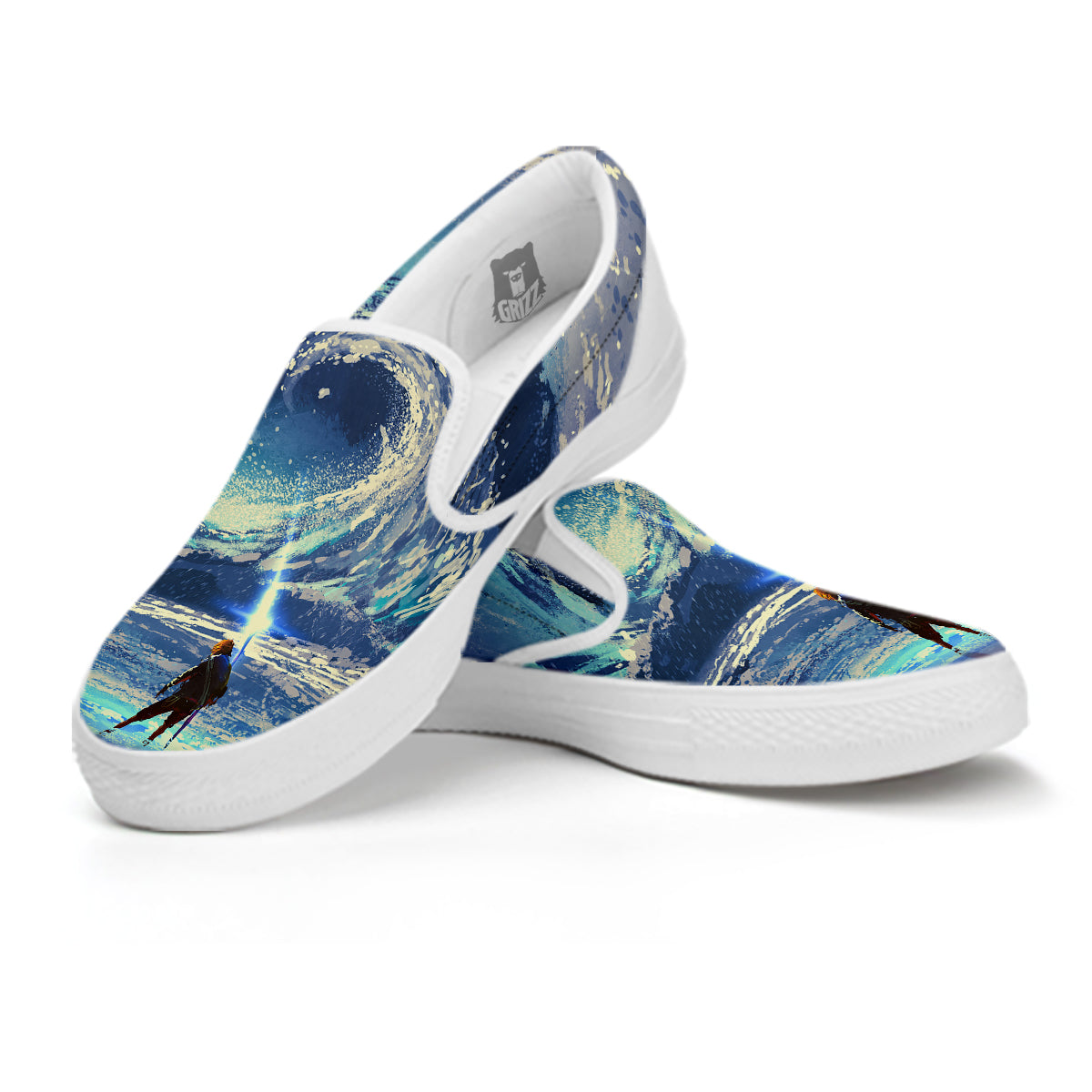 Swirling Sea Watercolor Print White Slip On Shoes-grizzshop
