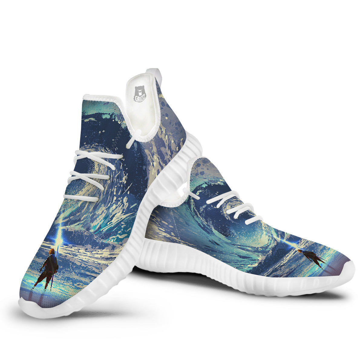 Swirling Sea Watercolor Print White Walking Shoes-grizzshop