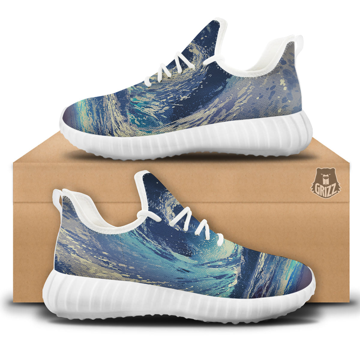 Swirling Sea Watercolor Print White Walking Shoes-grizzshop