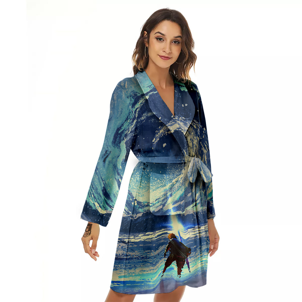 Swirling Sea Watercolor Print Women's Robe-grizzshop