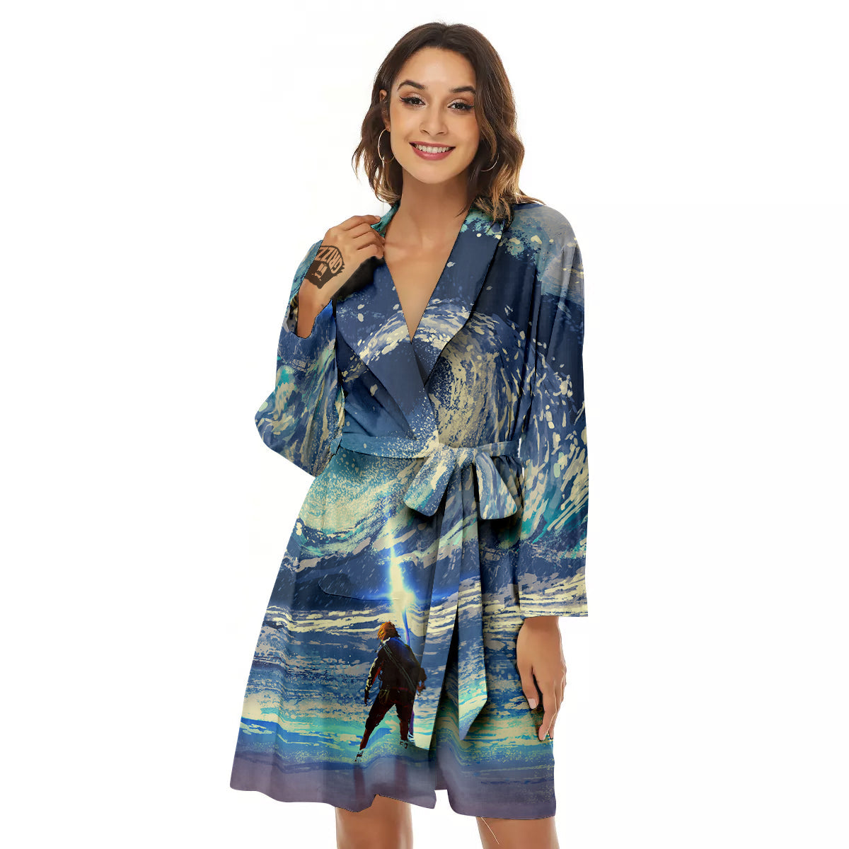 Swirling Sea Watercolor Print Women's Robe-grizzshop