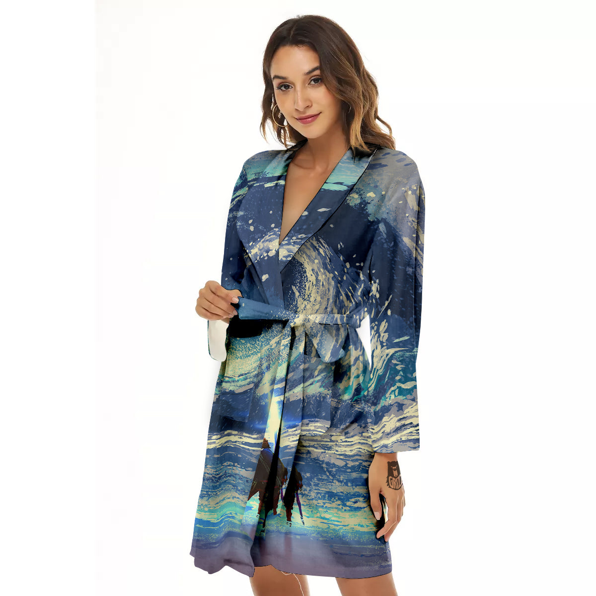 Swirling Sea Watercolor Print Women's Robe-grizzshop