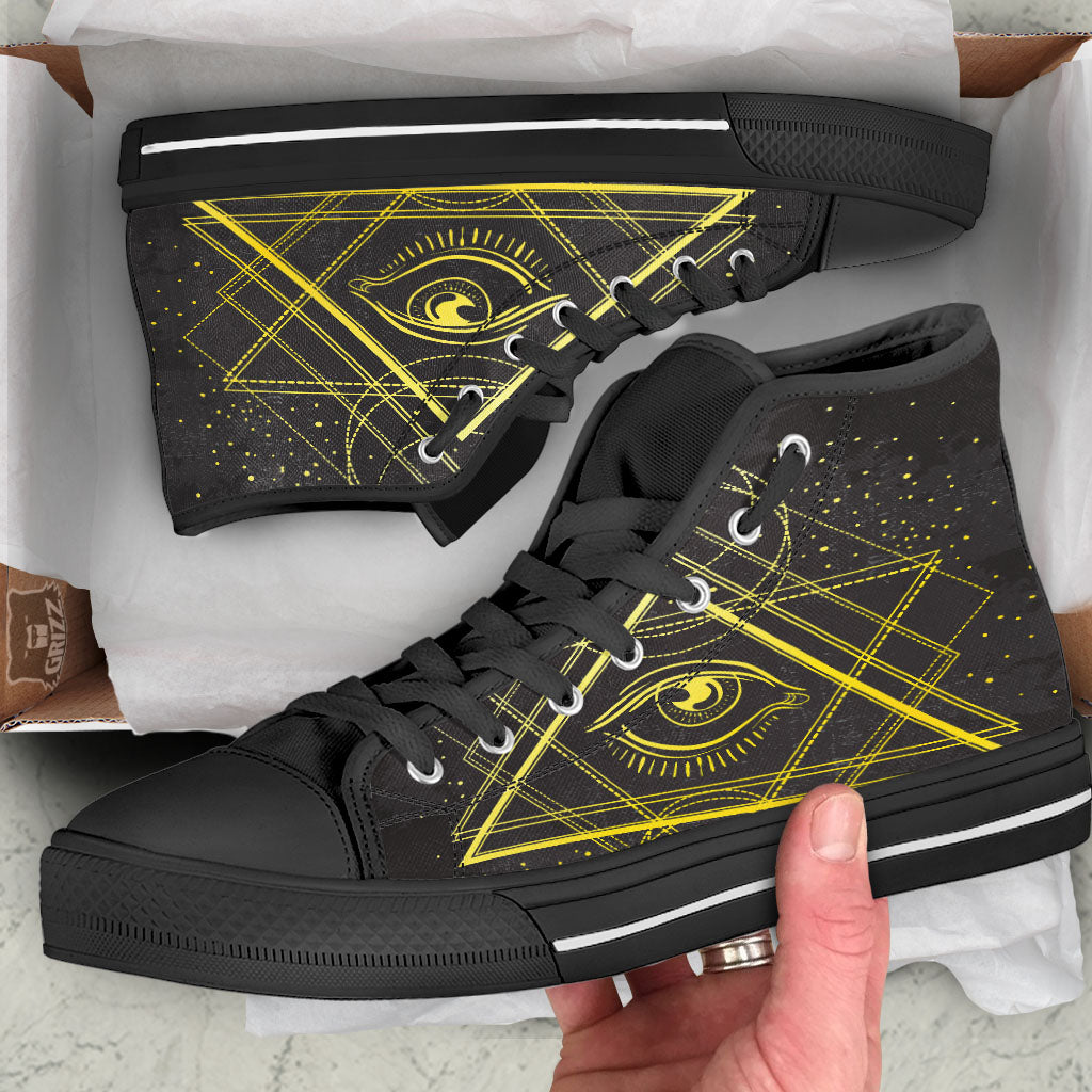 Symbol All Seeing Eye Print Black High Top Shoes-grizzshop