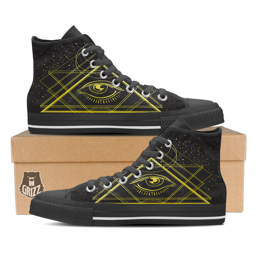Symbol All Seeing Eye Print Black High Top Shoes-grizzshop